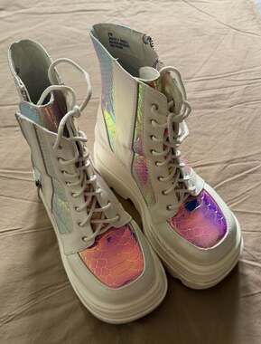 Cape Robbin Radio Holographic Platform Ankle Chunky Block Heels Boots White